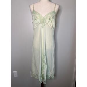 1990s Mint Green Silky Lace Sissy Romantic Feminine Sheer Babydoll Slip Dress M